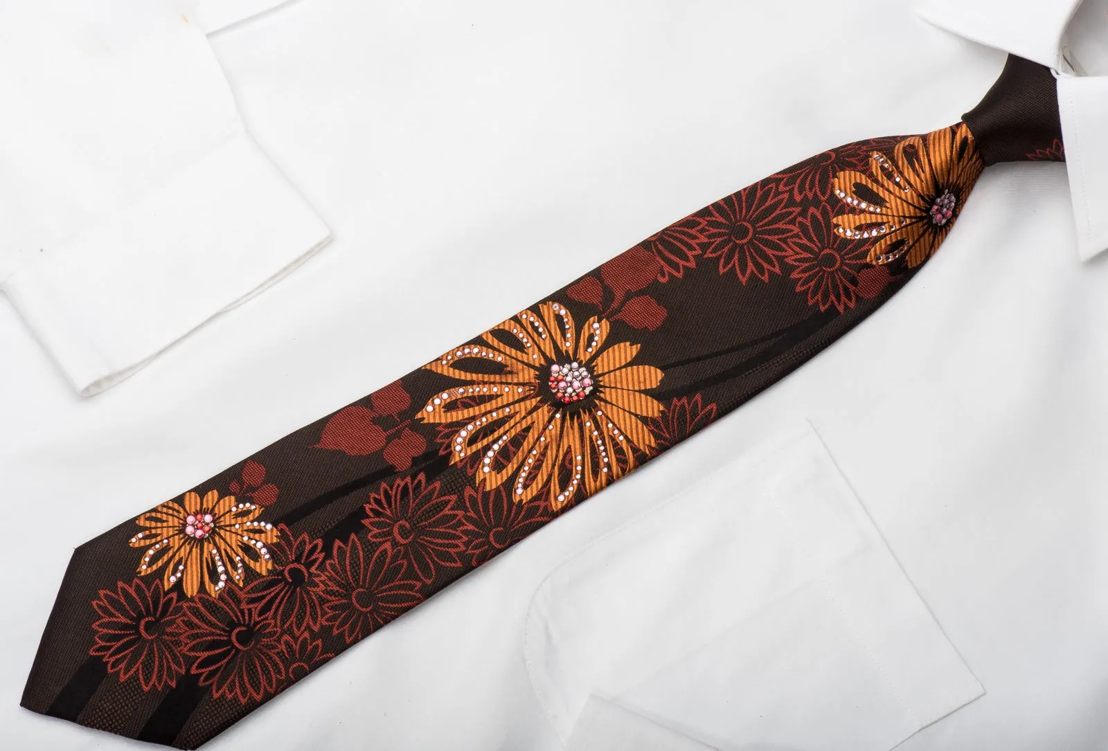 Vito Rufolo Men's Silk Necktie Orange Floral On Brown Sparkling With Rhinestones