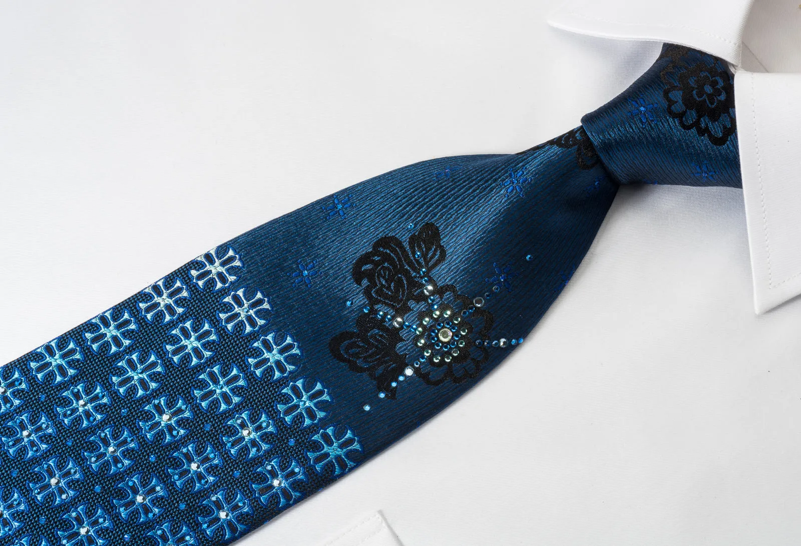 Vito Rufolo Rhinestone Necktie Crosses On Blue With Silver Sparkles