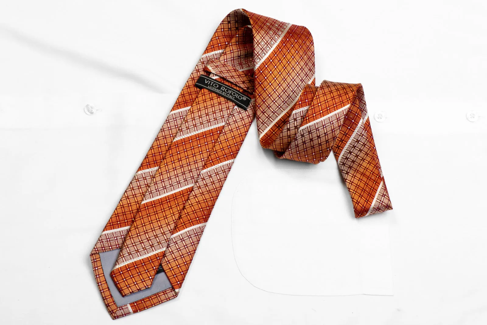 Vito Rufolo Silk Necktie Silver Orange Burgundy Striped With Sparkles