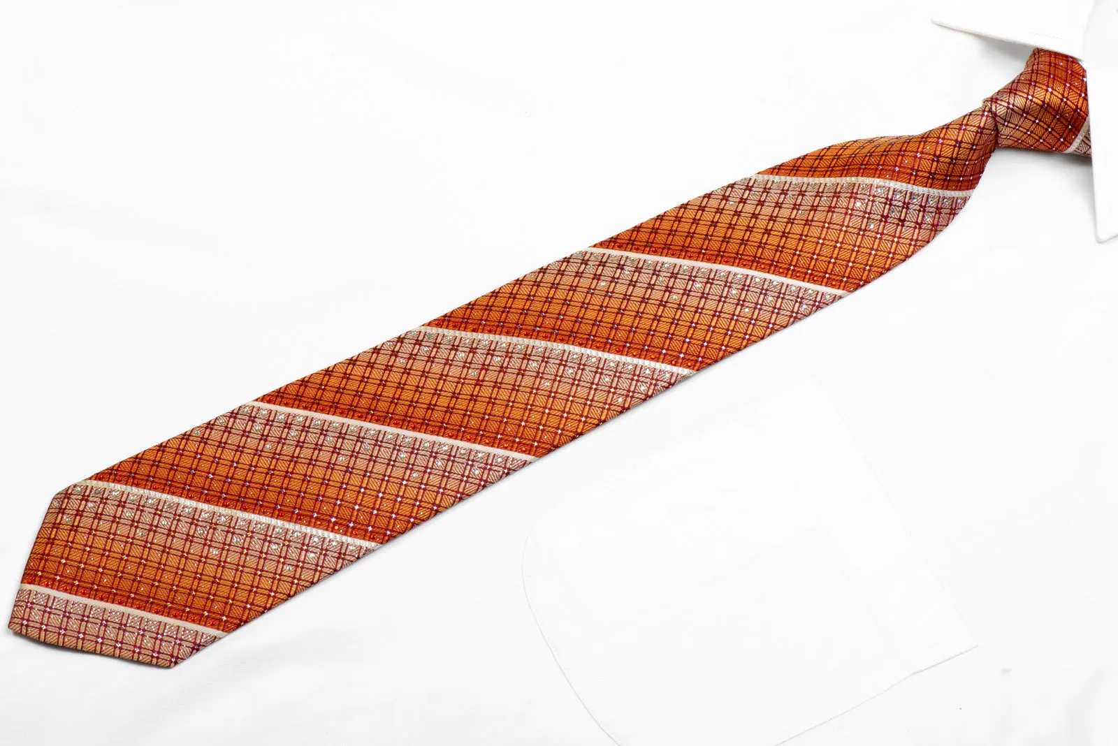 Vito Rufolo Silk Necktie Silver Orange Burgundy Striped With Sparkles