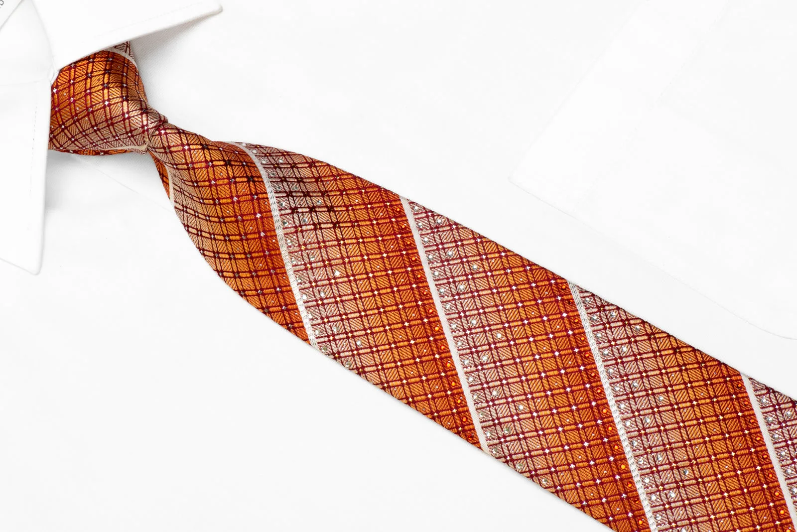 Vito Rufolo Silk Necktie Silver Orange Burgundy Striped With Sparkles