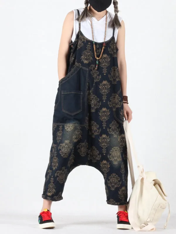 Viviana Vintage Floral Prints Overall Dungarees with Pockets