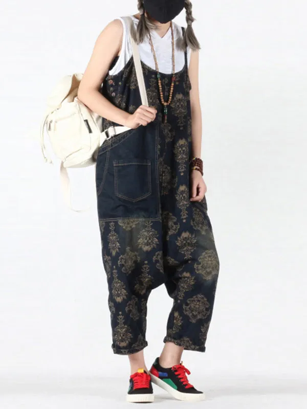 Viviana Vintage Floral Prints Overall Dungarees with Pockets