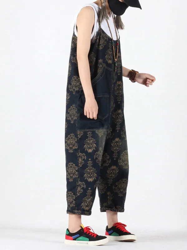 Viviana Vintage Floral Prints Overall Dungarees with Pockets