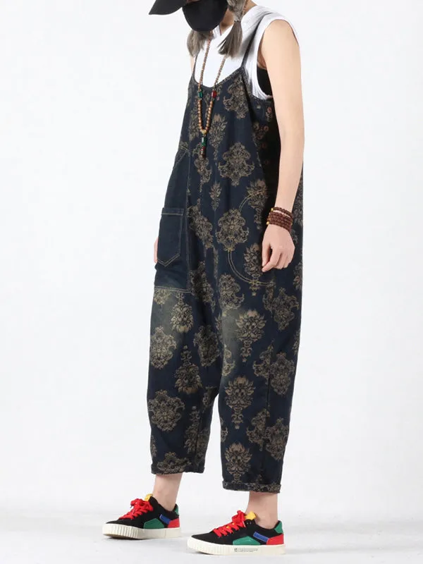 Viviana Vintage Floral Prints Overall Dungarees with Pockets