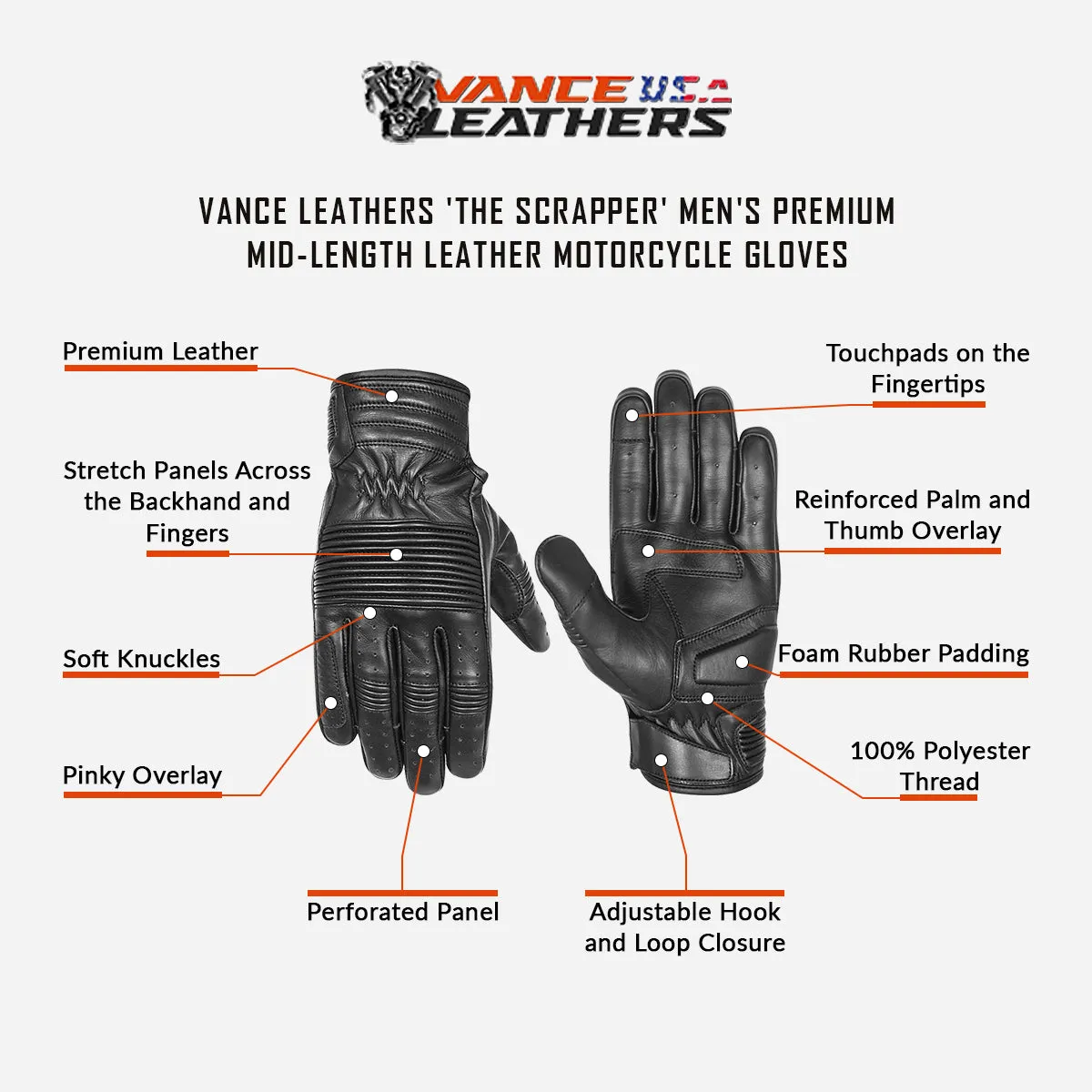 VL420 The Scrapper Men's Premium Mid-Length Leather Motorcycle Gloves