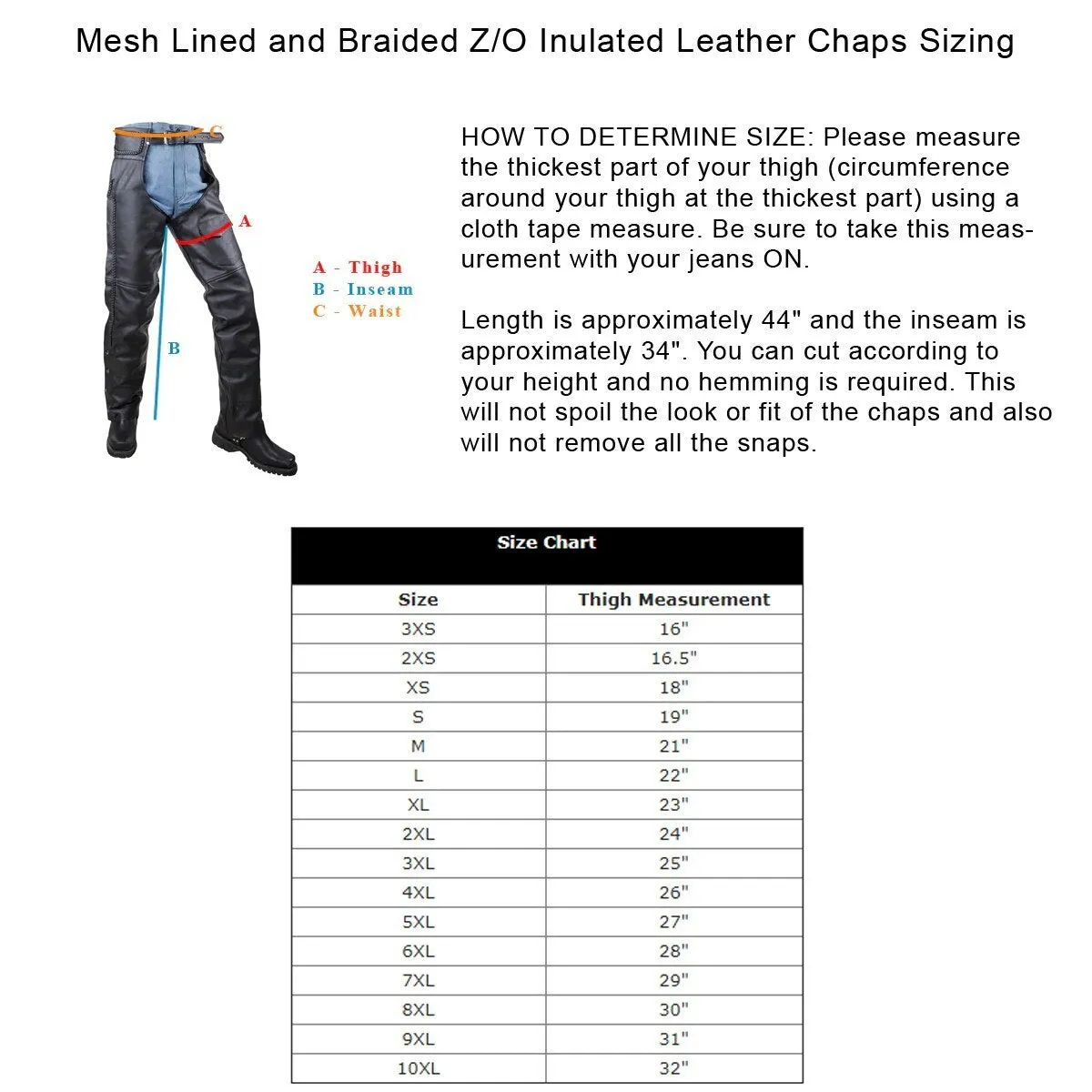 VL802S Vance Leather Basic economy Leather Chaps with Braid Trim