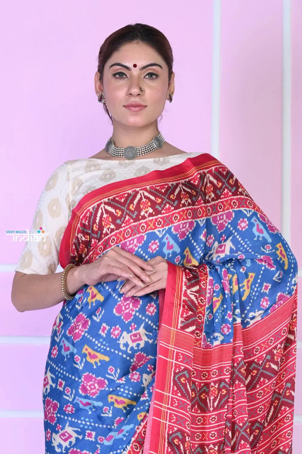 VMI EXCLUSIVE! Powder Blue Pure Gajji Satin Silk Saree with Beautiful Patola Print