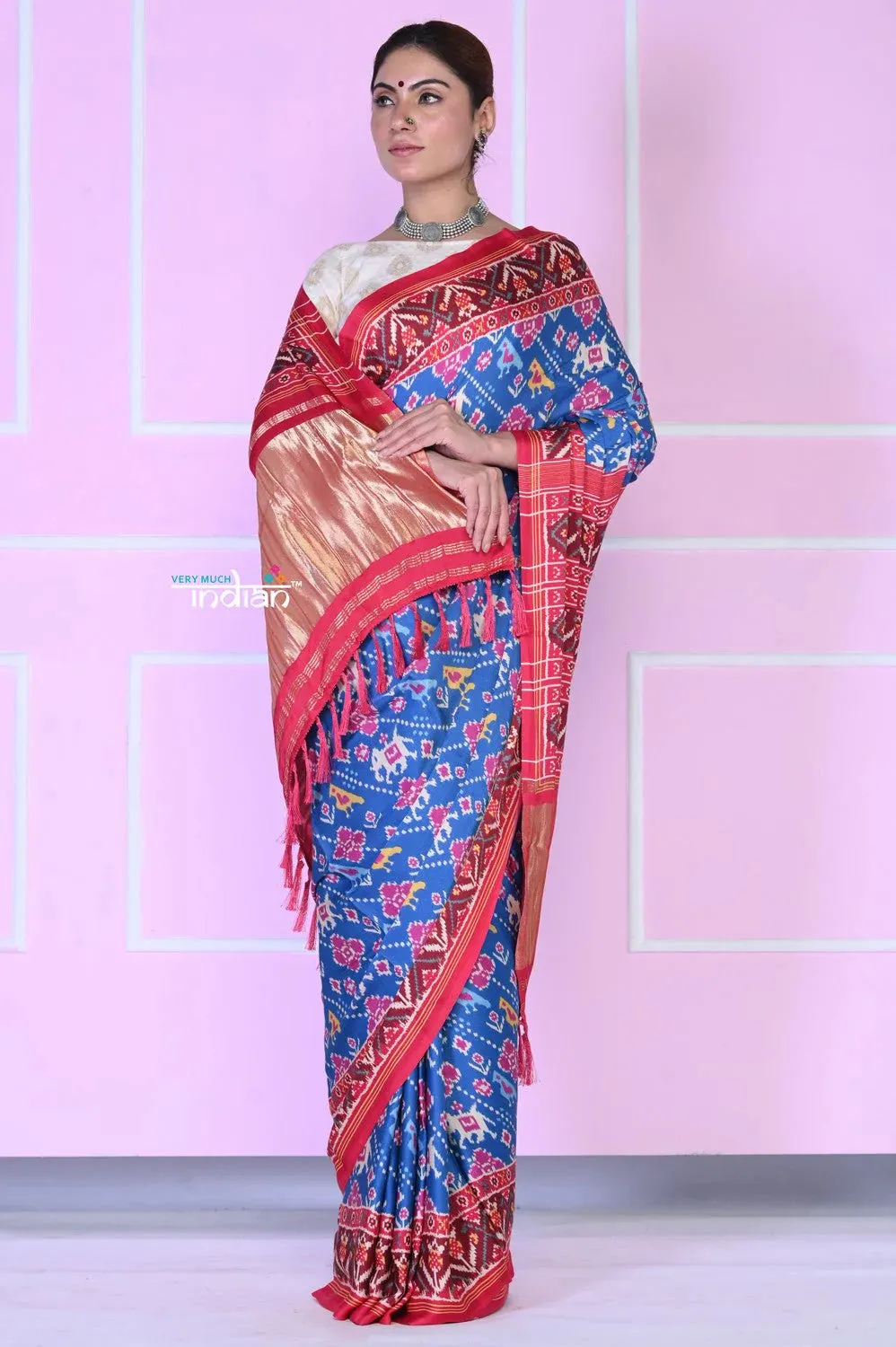 VMI EXCLUSIVE! Powder Blue Pure Gajji Satin Silk Saree with Beautiful Patola Print