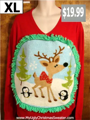 Vneck Reindeer Penguin Christmas Sweater