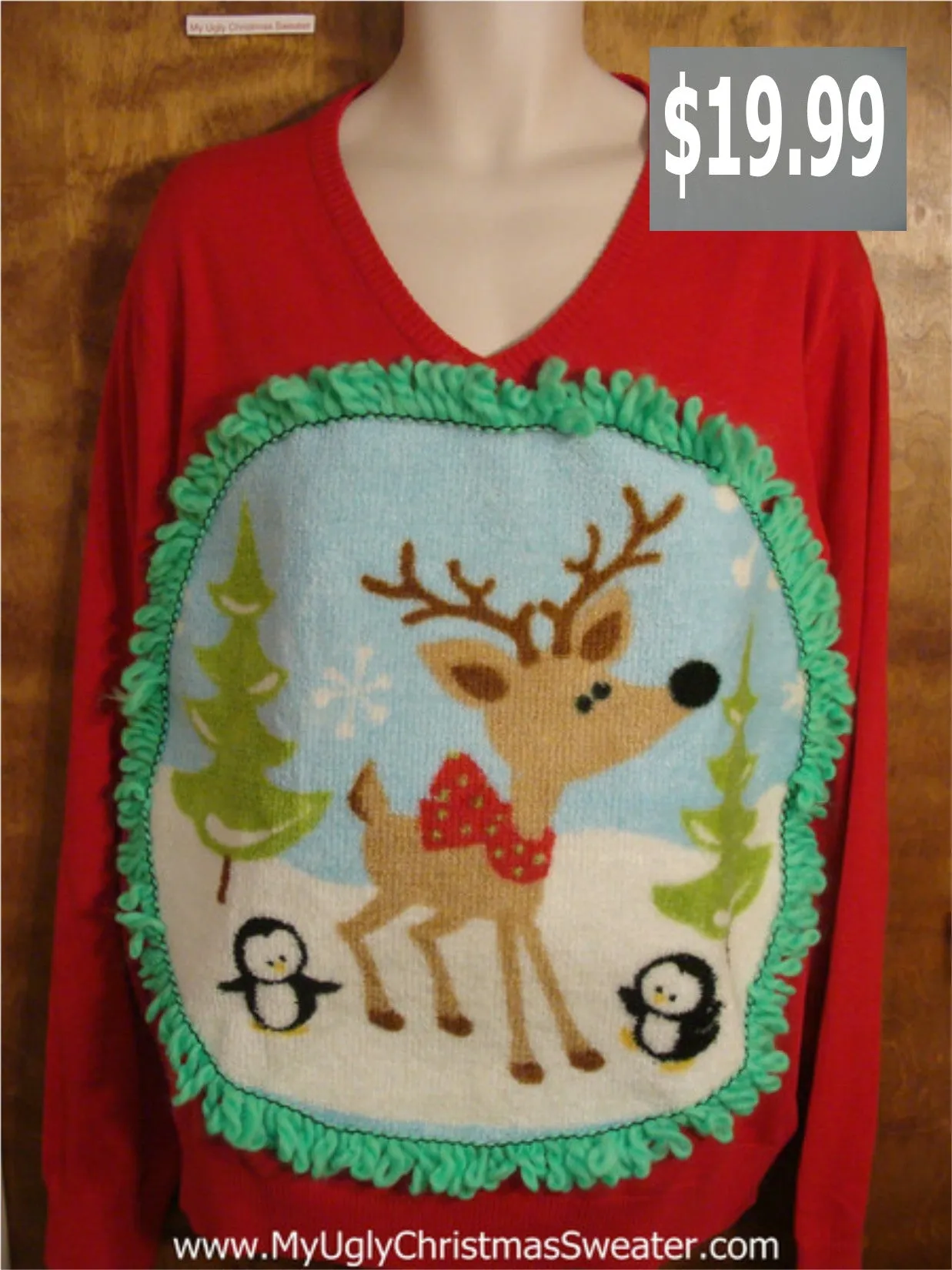 Vneck Reindeer Penguin Christmas Sweater