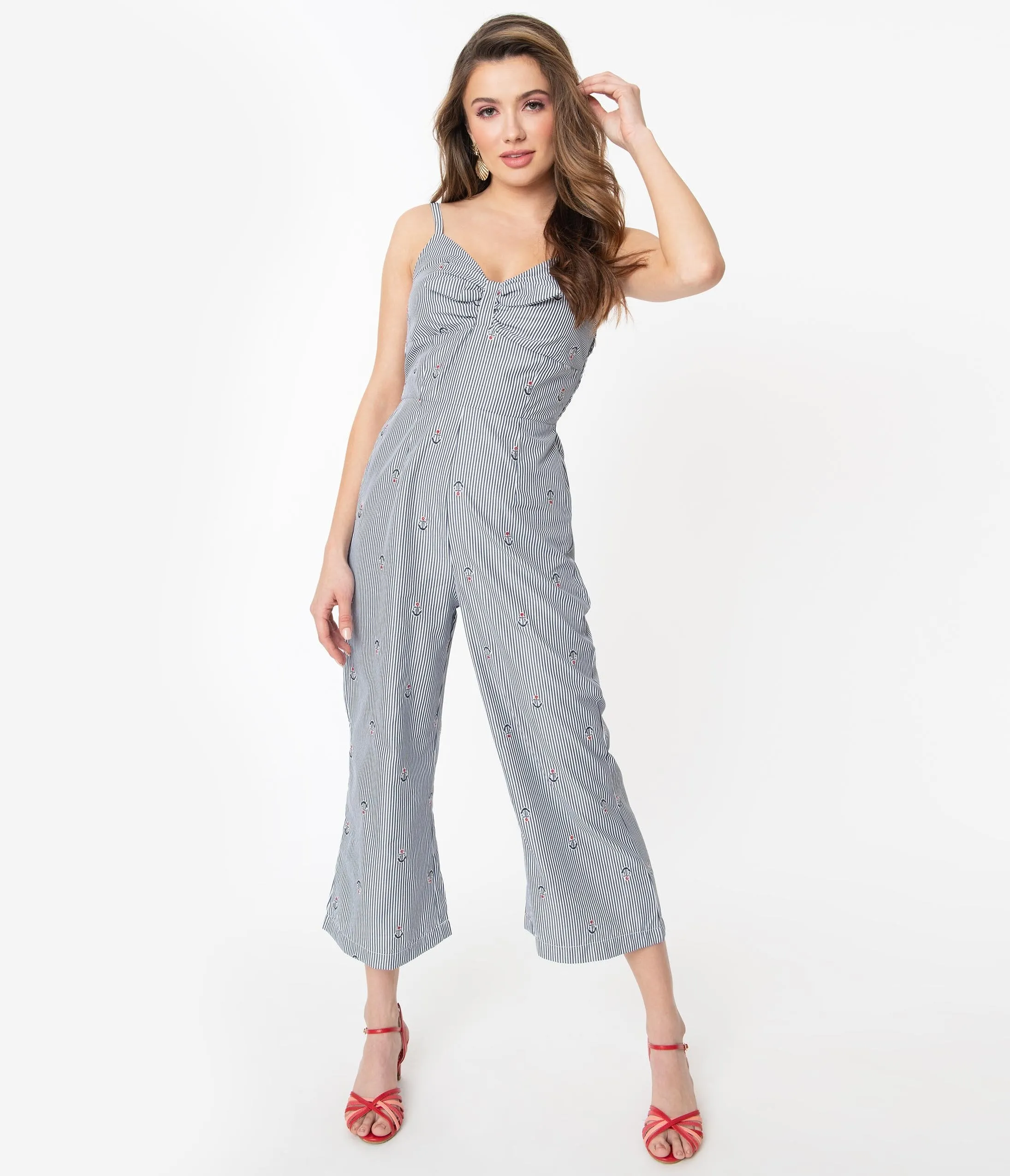 Voodoo Vixen Navy & White Pinstripe with Anchor Print Andy Jumpsuit