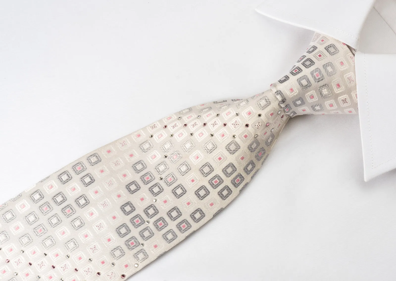 Vostro Rhinestone Silk Necktie Geometric Squares On White With Sparkles