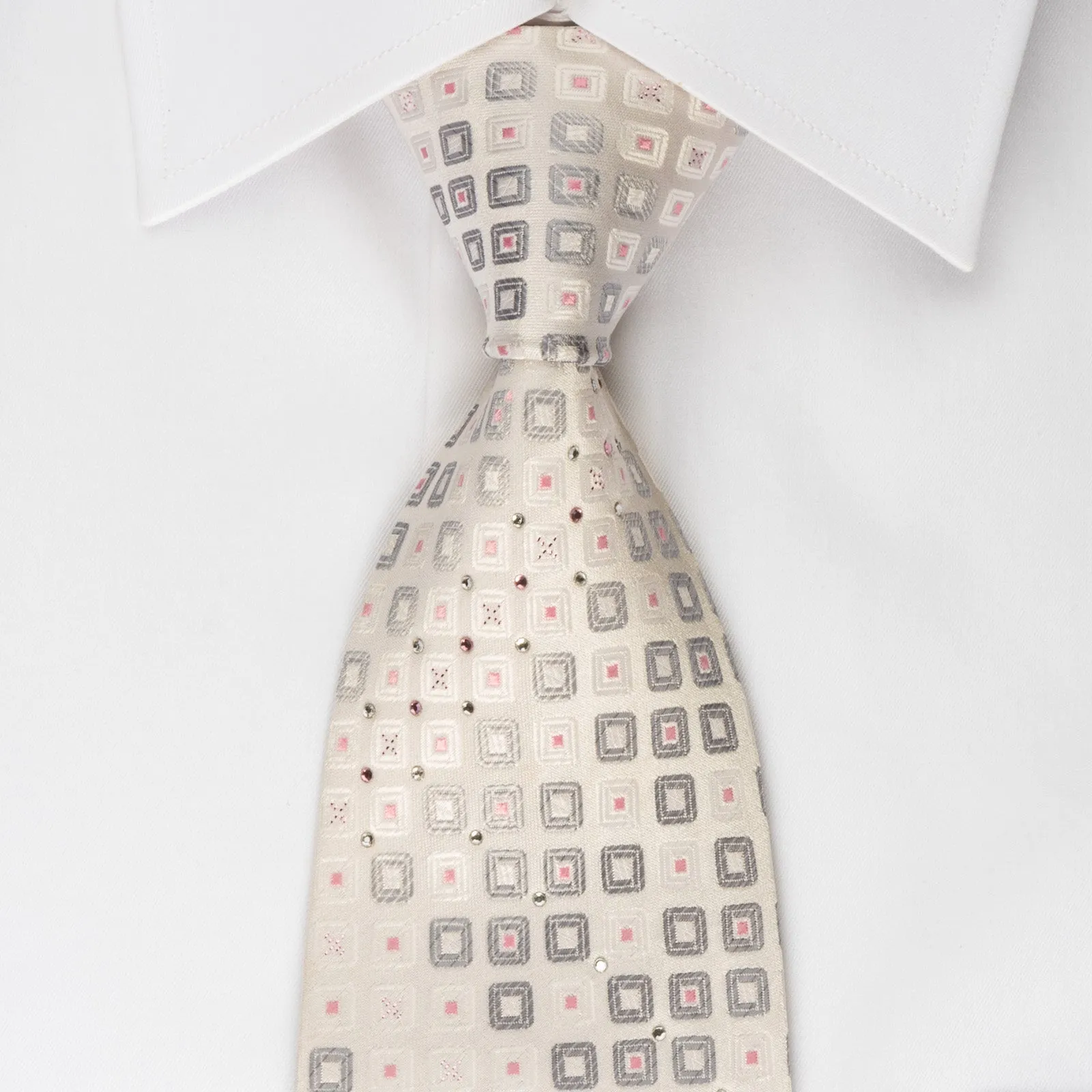 Vostro Rhinestone Silk Necktie Geometric Squares On White With Sparkles