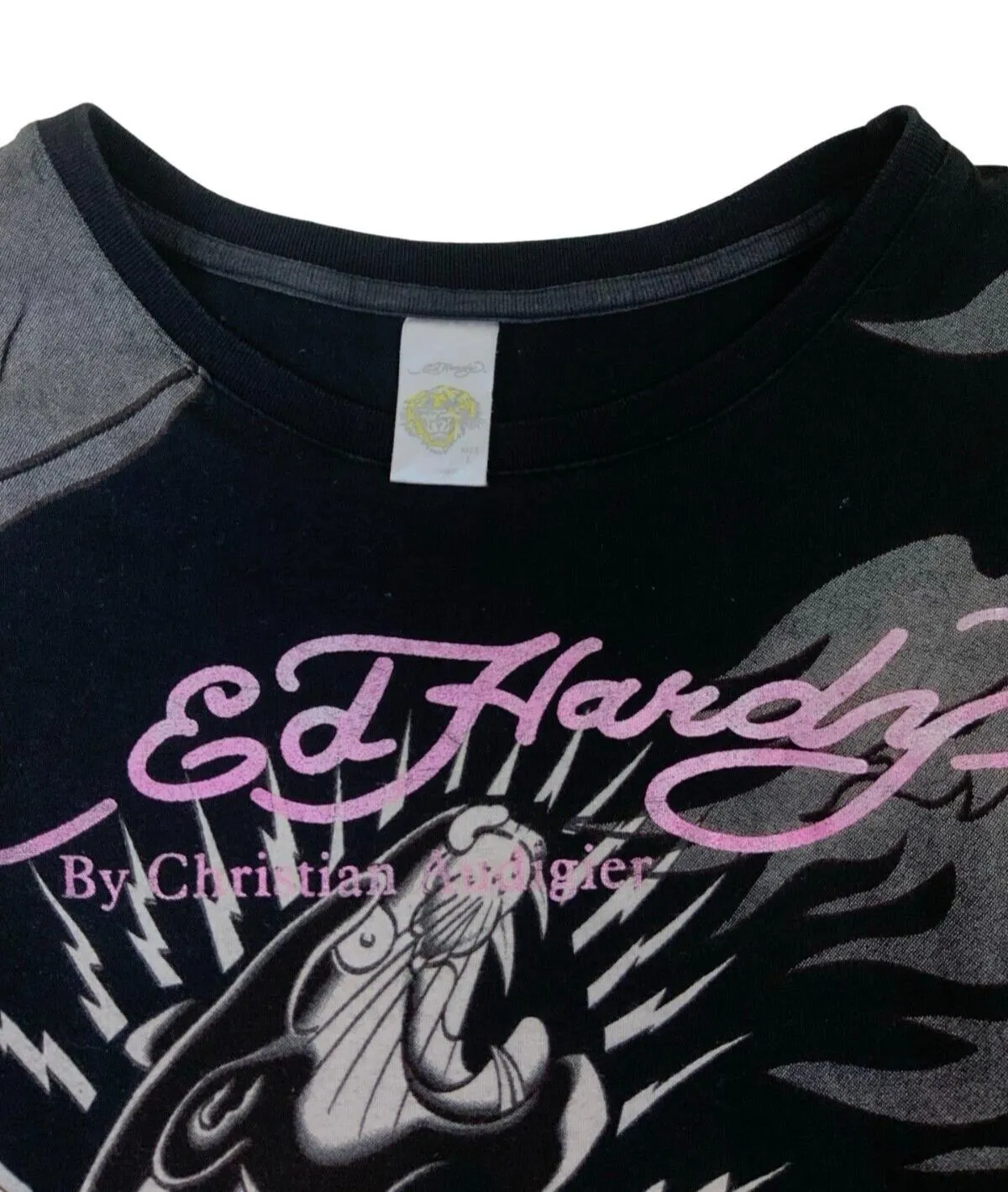 VTG ED HARDY BLACK ALL OVER PRINT GRAPHIC TEE SIZE S