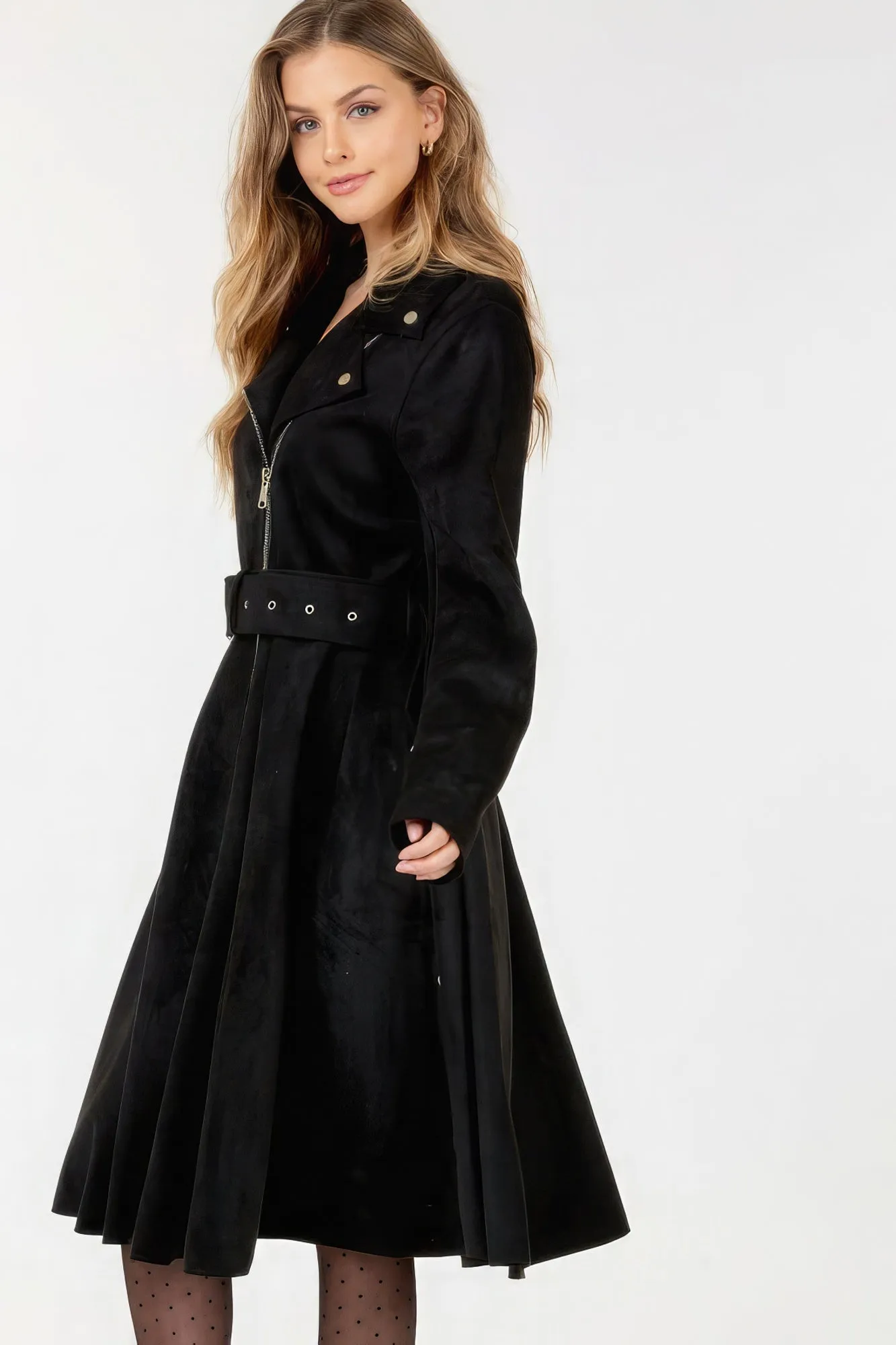 Waist Belt Tacked Faux Suede Coat Solid Coat