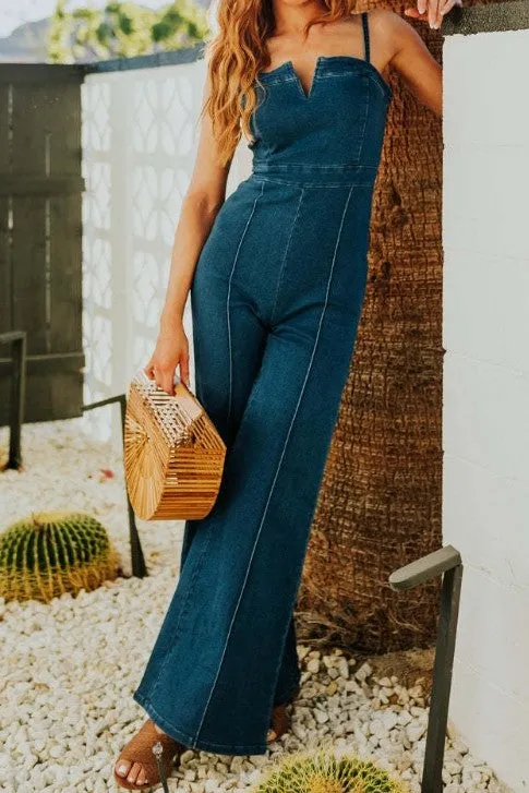 Waitlist 12/30 ♥ Savannah Sleeveless Wide Leg Denim Jumpsuit Dark Wash