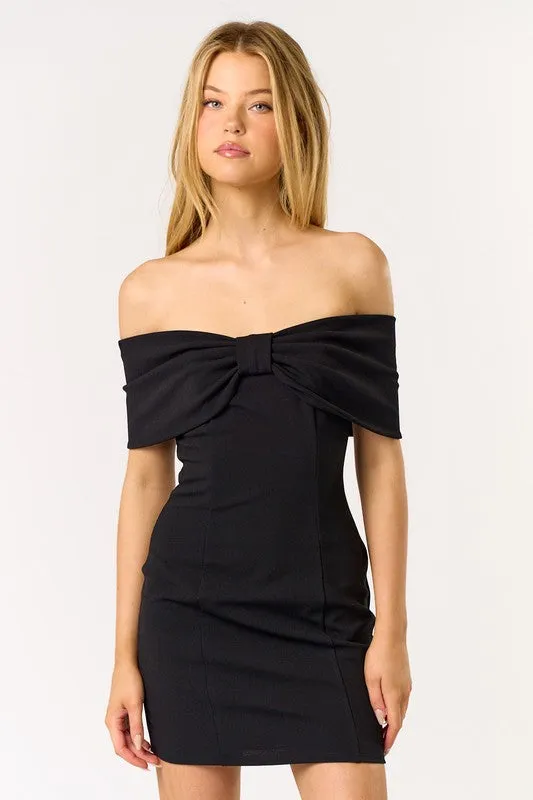 Waitlist 12/8 ♥ Harper Off The Shoulder Bow Mini Dress Black