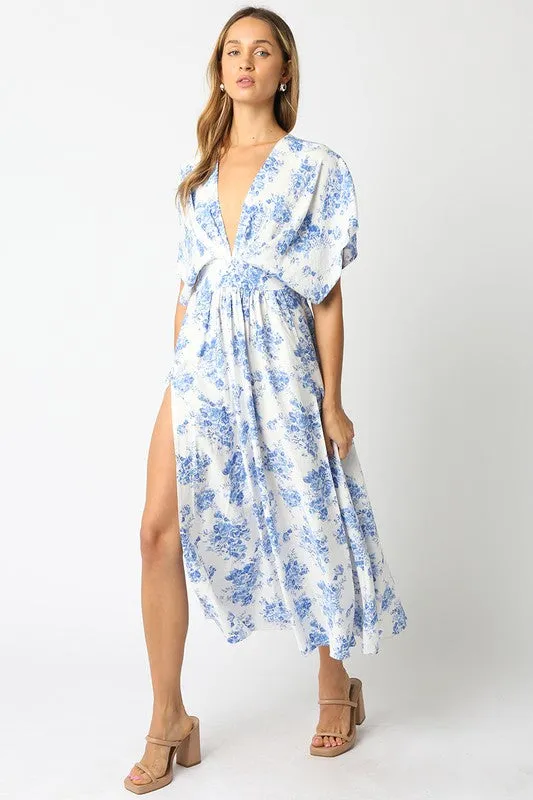 Waitlist 2/20 ♥ Debbie Kimono Sleeve Floral Print Maxi Dress Blue