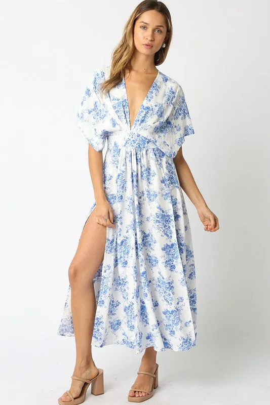 Waitlist 2/20 ♥ Debbie Kimono Sleeve Floral Print Maxi Dress Blue