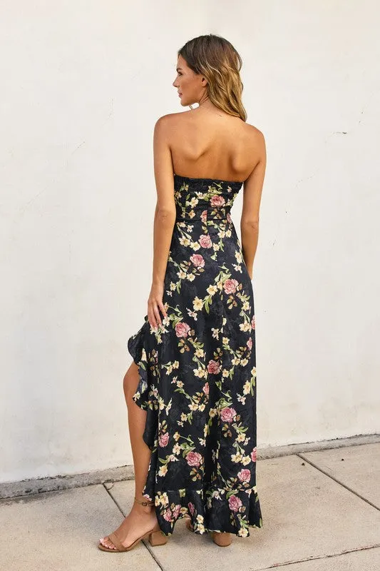 Waitlist 2/5 ♥ Emmy Sleeveless Floral Print Asymmetrical Hem Maxi Dress Black