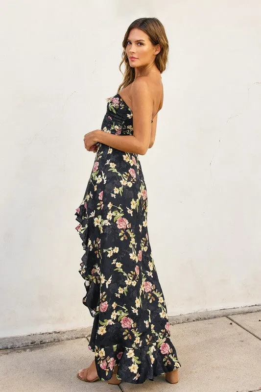 Waitlist 2/5 ♥ Emmy Sleeveless Floral Print Asymmetrical Hem Maxi Dress Black