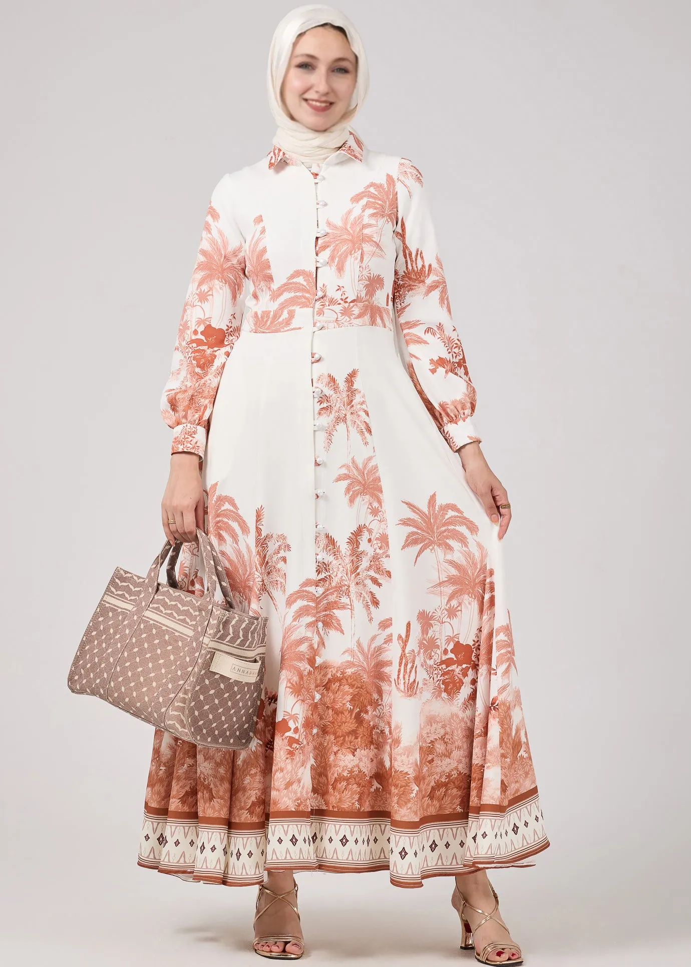 Walaa Serafina Vintage-Inspired Desert Palm Print Button-Down Maxi Dress