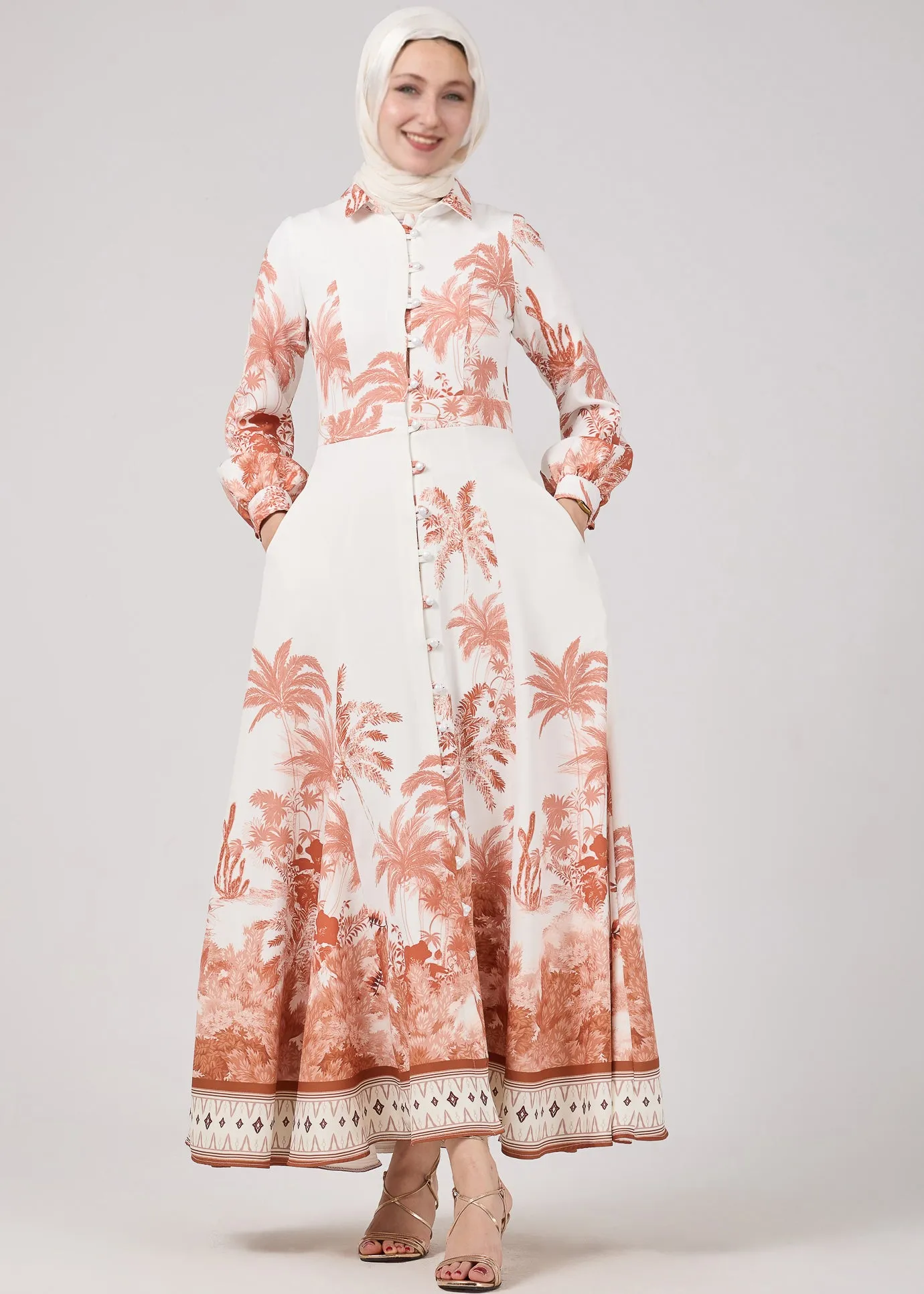 Walaa Serafina Vintage-Inspired Desert Palm Print Button-Down Maxi Dress