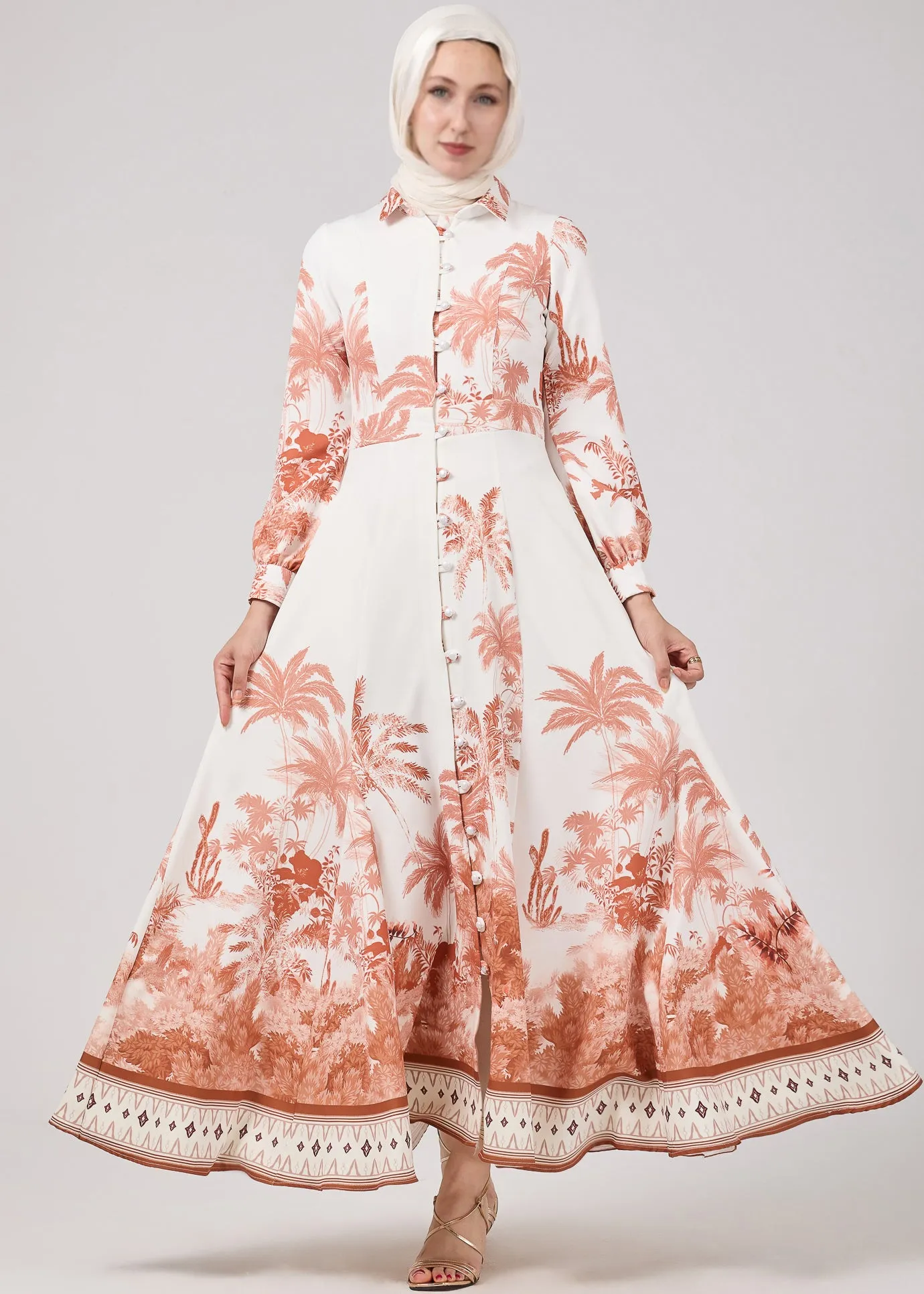 Walaa Serafina Vintage-Inspired Desert Palm Print Button-Down Maxi Dress