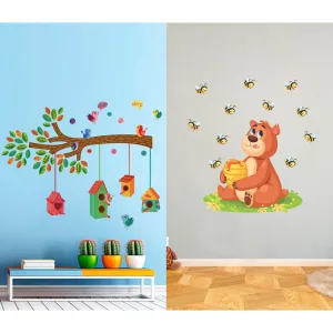 WALLBOOK Set of 2 Wall Stickers Bird House on a Branch | Bear with Honey for Home, Hall, Bedroom, Livingroom & Kitchen