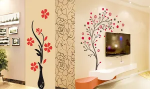 Walltech Set of 2 Wall Sticker Flower Vase Red and Magical Tree Wall Sticker