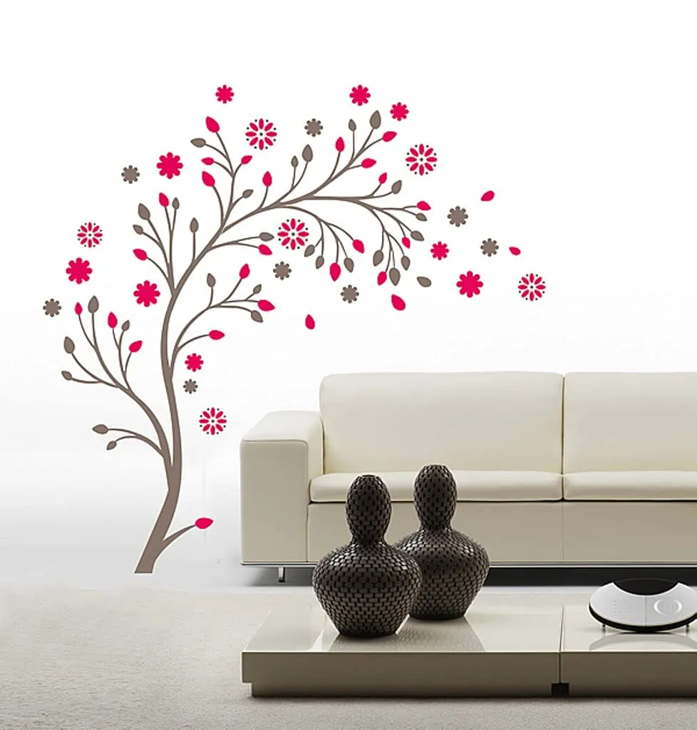 Walltech Set of 2 Wall Sticker Flower Vase Red and Magical Tree Wall Sticker