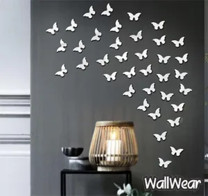 WallWear- Mirror Stickers for Wall Butterfly 40 Silver 3D Wall Stickers for Drawing,Kitchen,Office,Bed Room etc. Pack of(40) Butterfly Silver,Size(6x3.5)cm