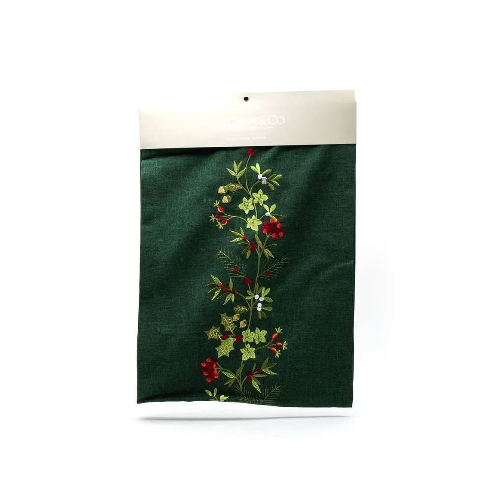 Walton & Co 175cm Embroided Holly Trail Runner Green