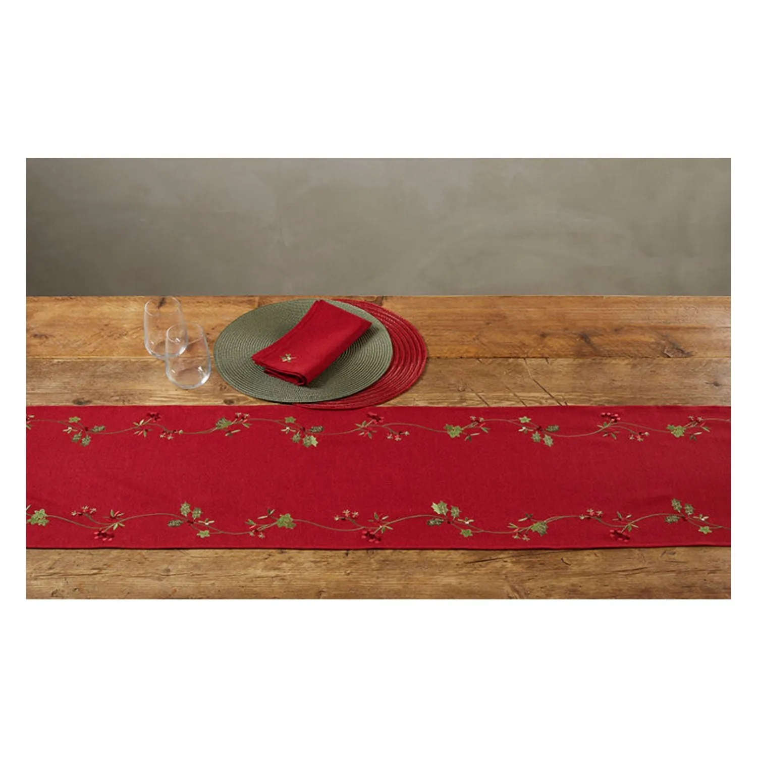 Walton & Co 175cm Embroidered Holly Trail Runner Red