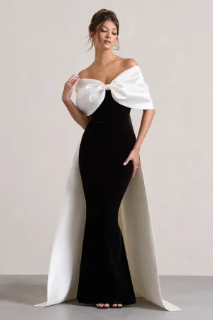 Wanting More | Black & White Satin Cape Maxi Dress With Oversized Bow