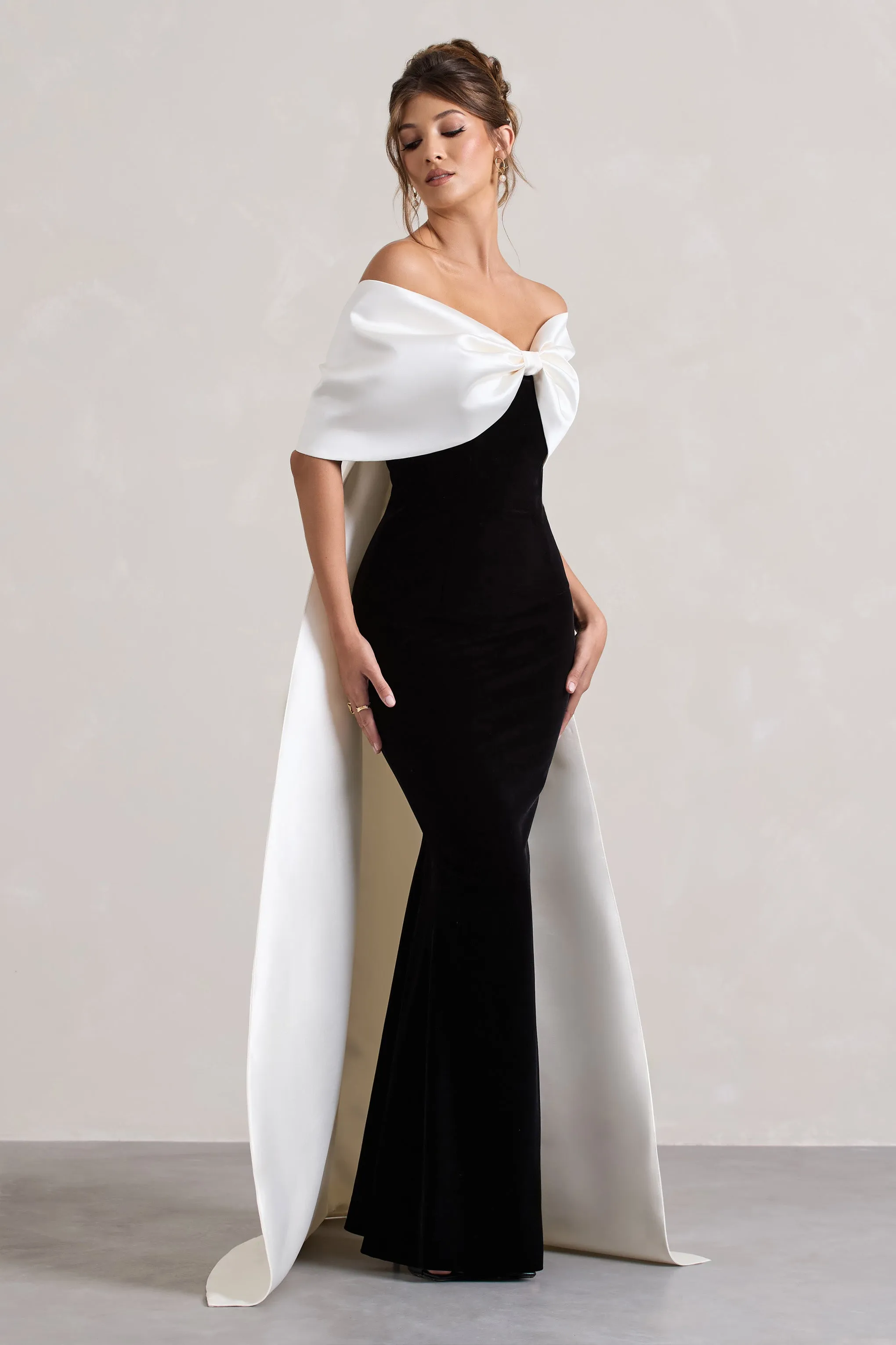 Wanting More | Black & White Satin Cape Maxi Dress With Oversized Bow