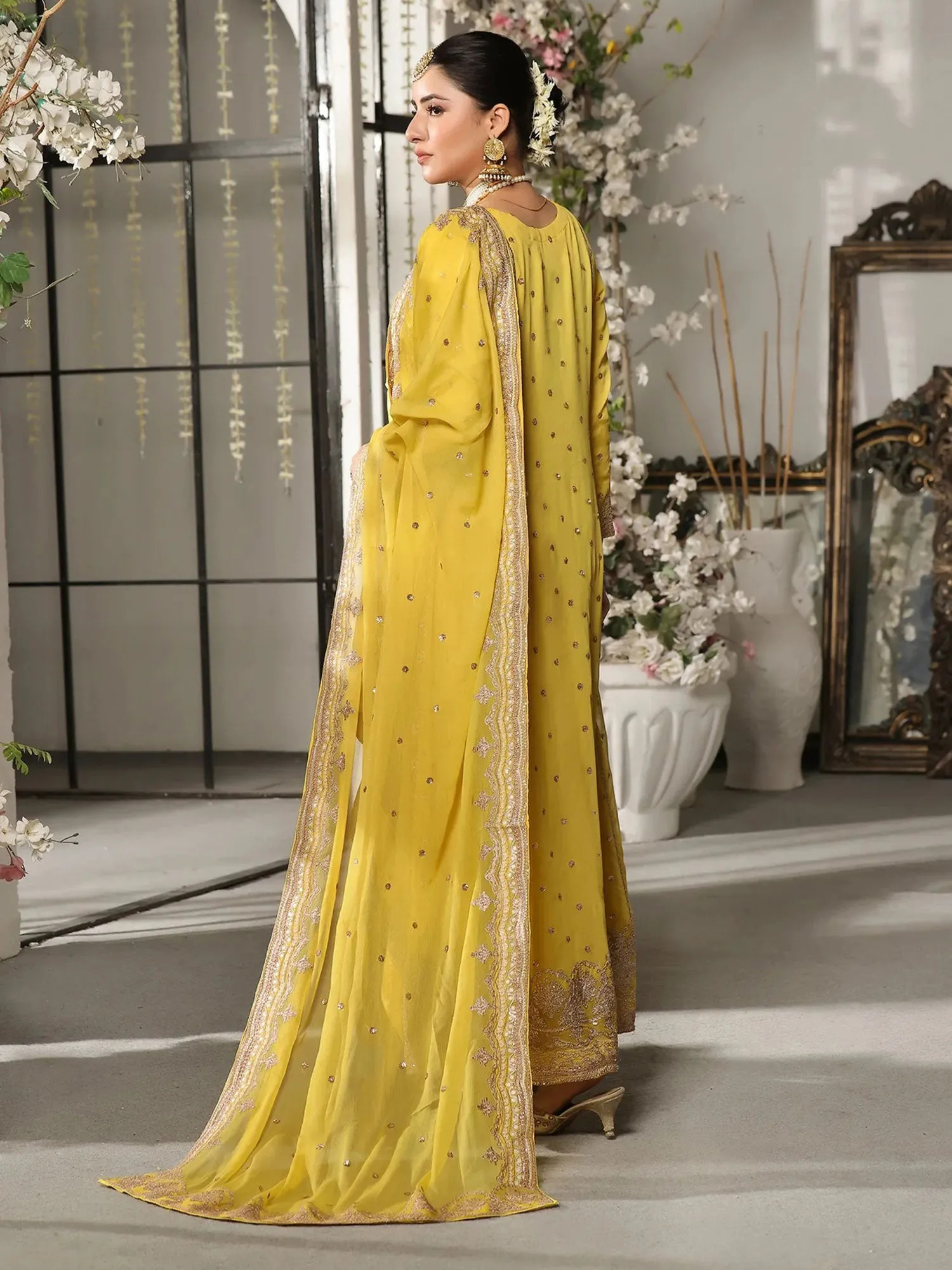 Wardah Uzair Embroidered Chiffon Maxi Suit - Yellow