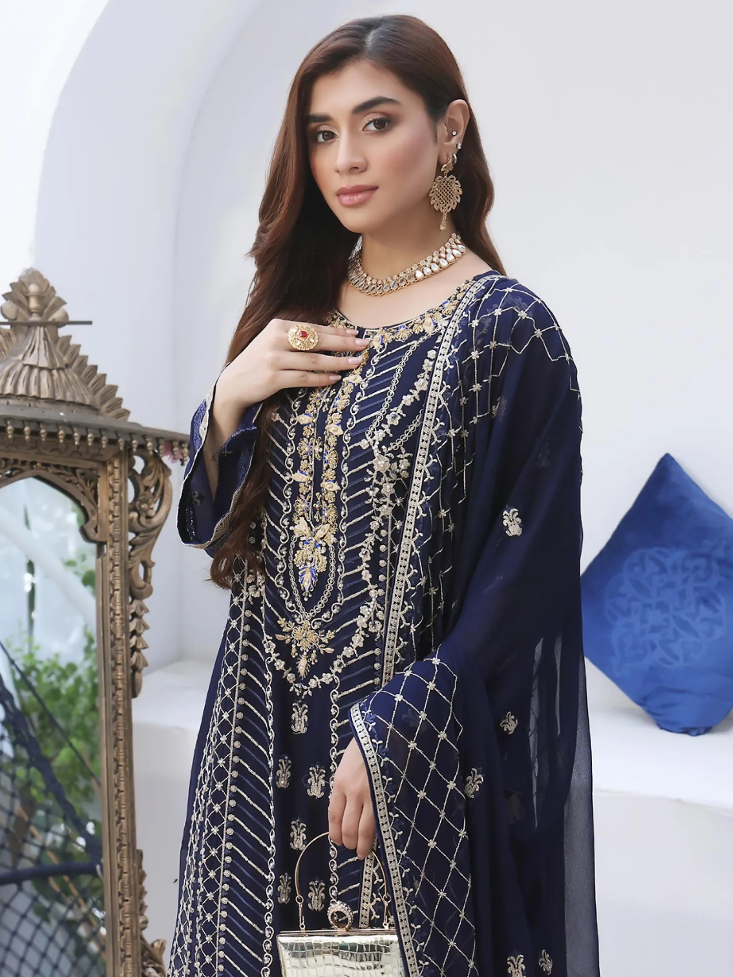 Wardah Uzair Luxury Pret Embroidered Chiffon Suit - Navy Blue