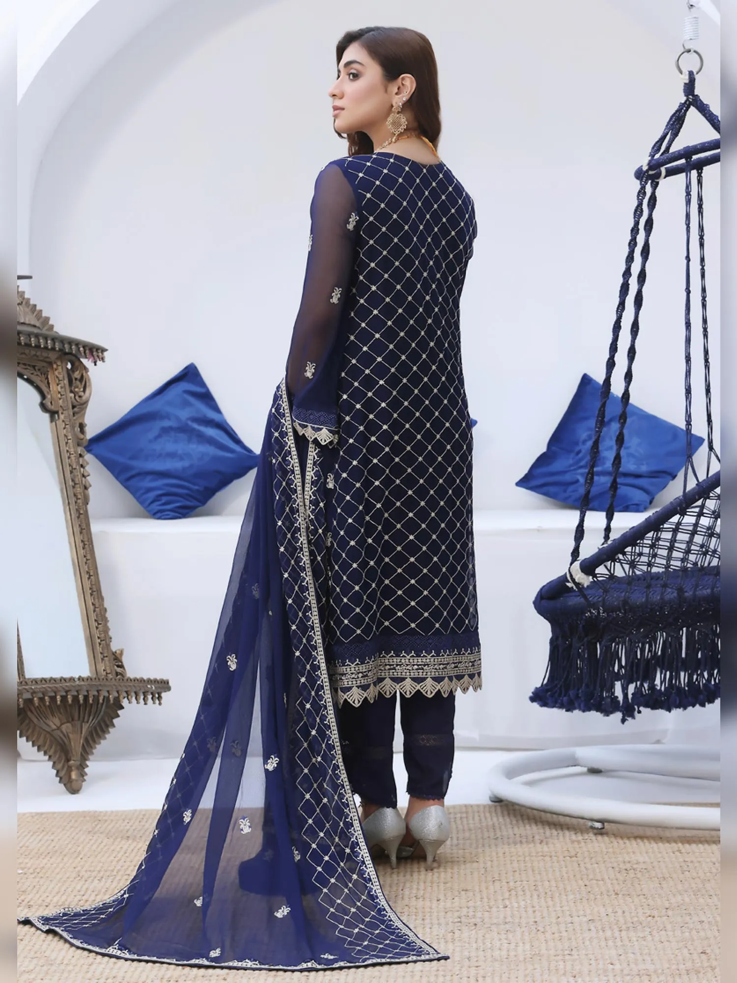 Wardah Uzair Luxury Pret Embroidered Chiffon Suit - Navy Blue