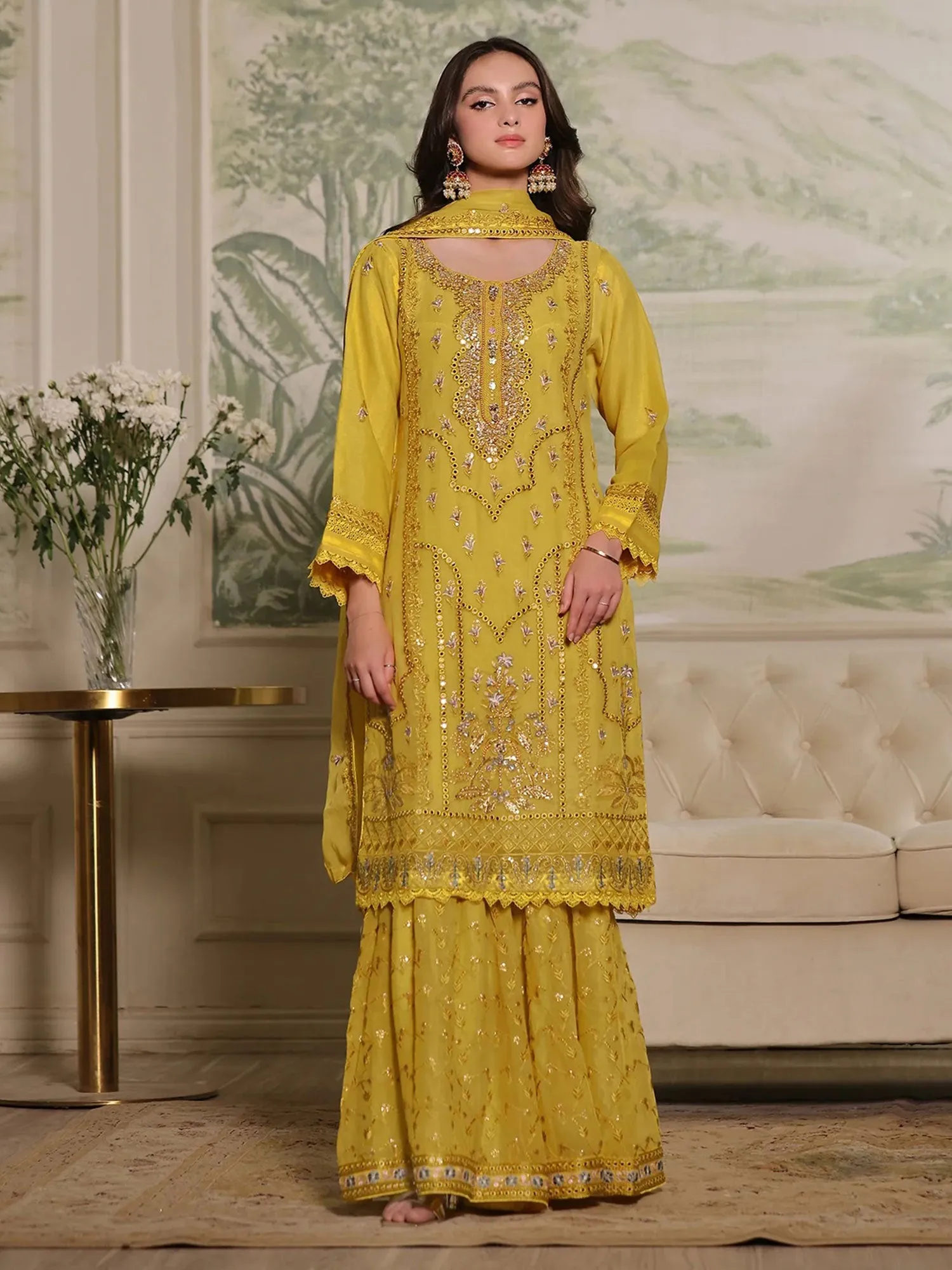 Wardah Uzair "Mirha" Luxury Embroidered Chiffon Suit - Marigold