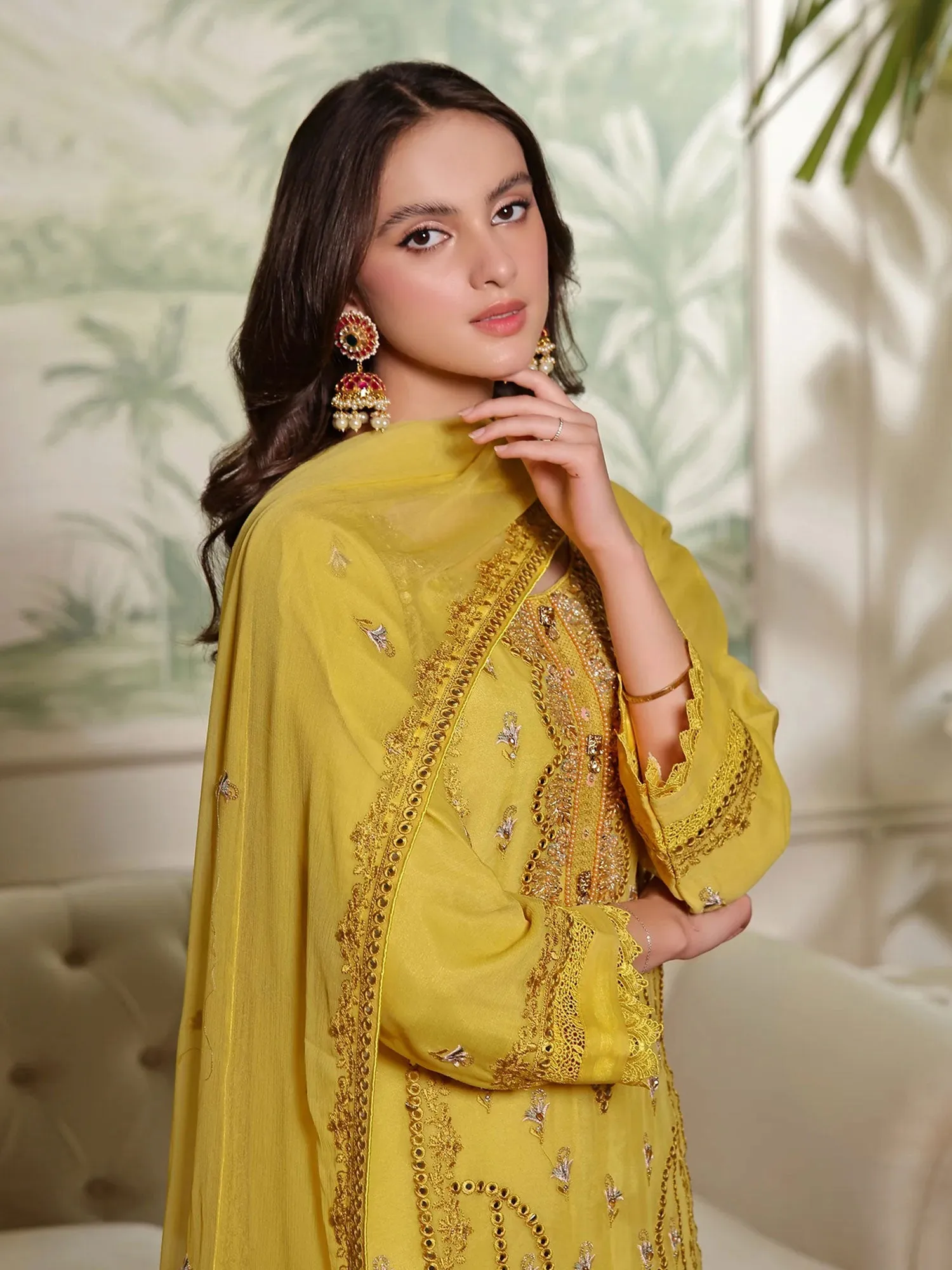 Wardah Uzair "Mirha" Luxury Embroidered Chiffon Suit - Marigold