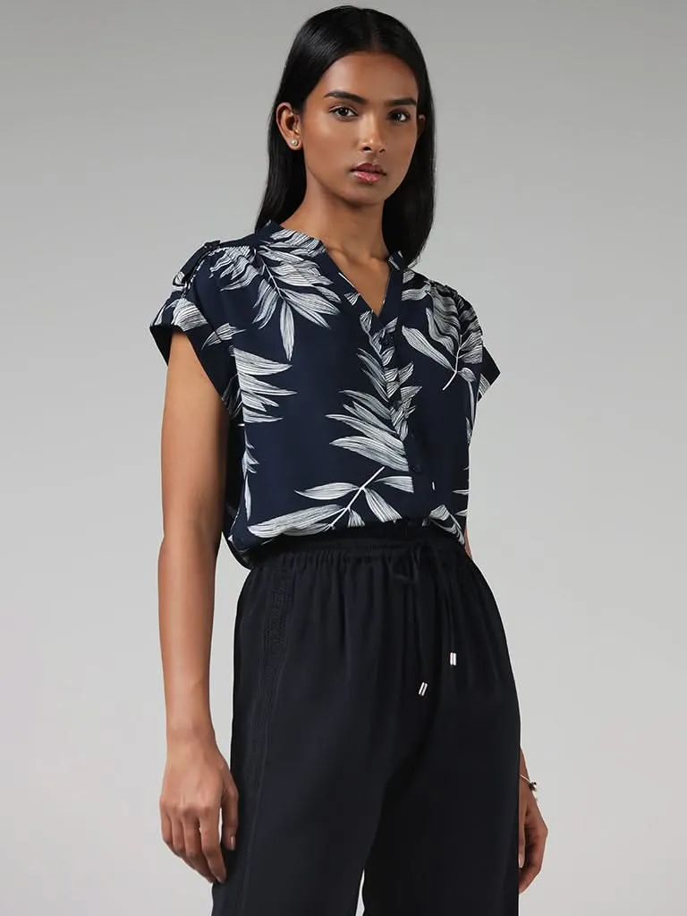 Wardrobe Navy Leaf Printed Shirt