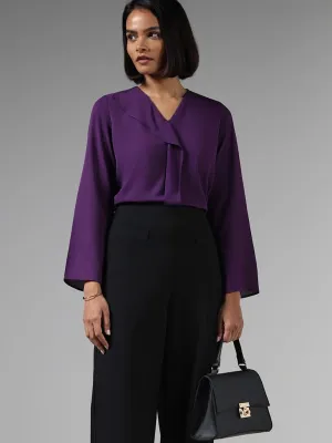 Wardrobe Solid Dark Purple Ruffle Neck Slim Fit Top