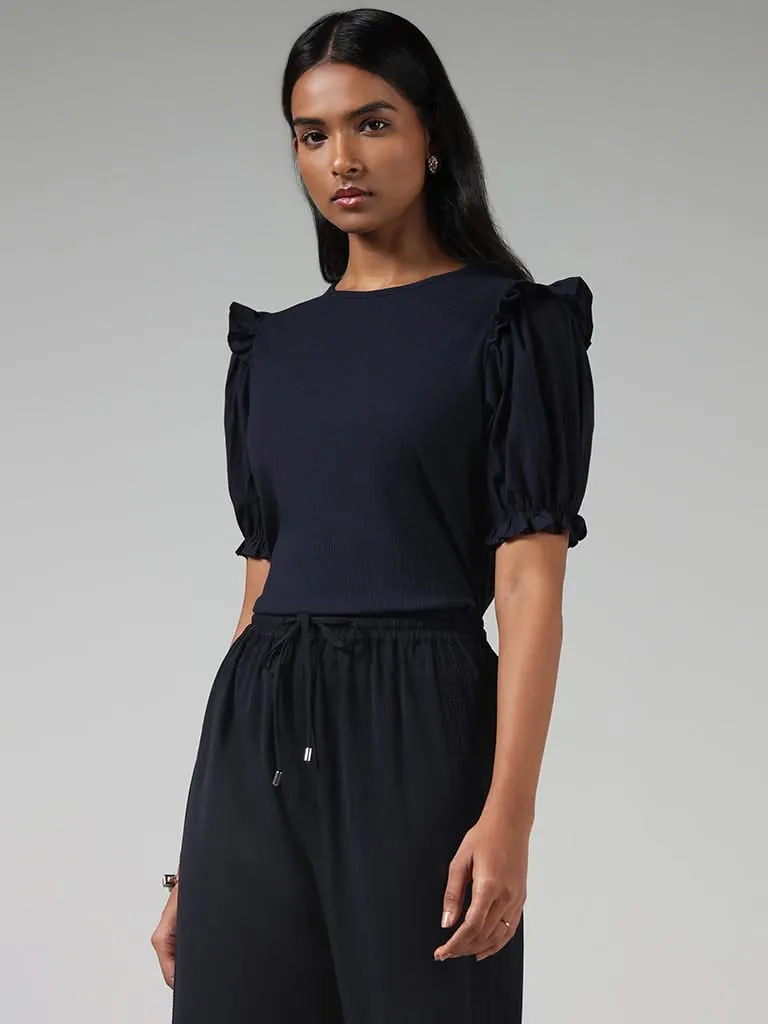 Wardrobe Solid Navy Ribbed Top