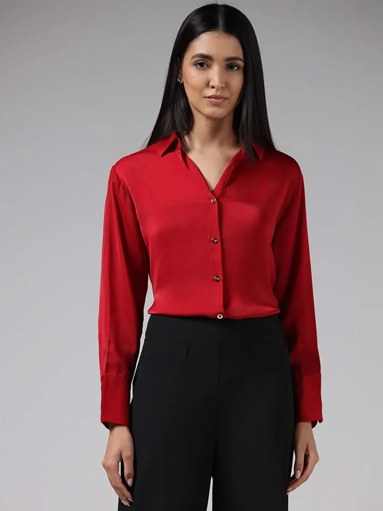 Wardrobe Solid Red Satin Shirt