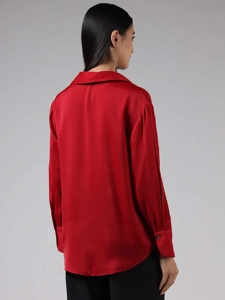 Wardrobe Solid Red Satin Shirt