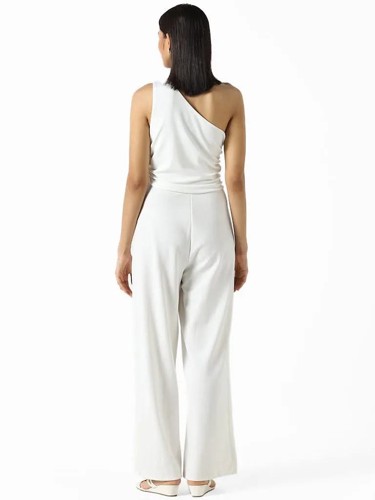 Wardrobe Solid White One-Shoulder Jumpsuit