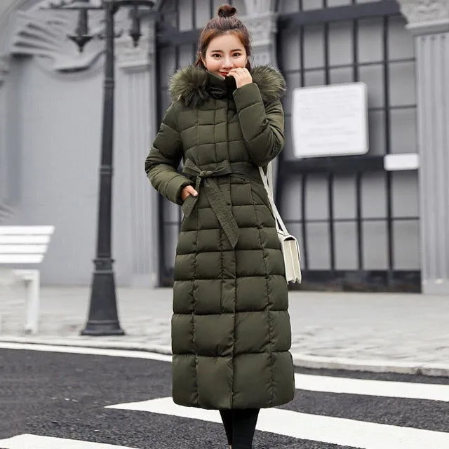 Warm Thicken Fur Collar Cotton Padded Women Long Coats