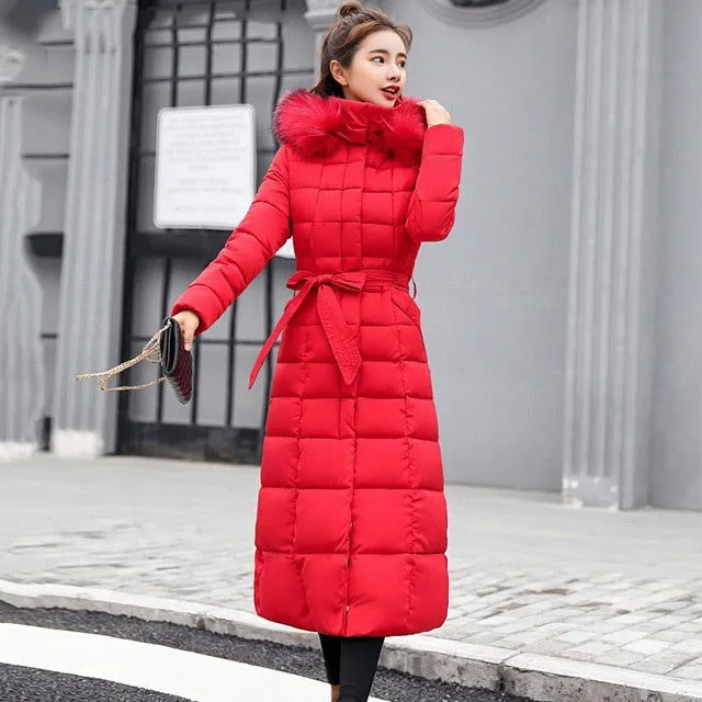 Warm Thicken Fur Collar Cotton Padded Women Long Coats